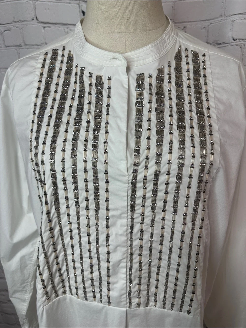 Paule Ka Paris White Beaded Embellished Tunic Blouse Cotton Size 44 US 12